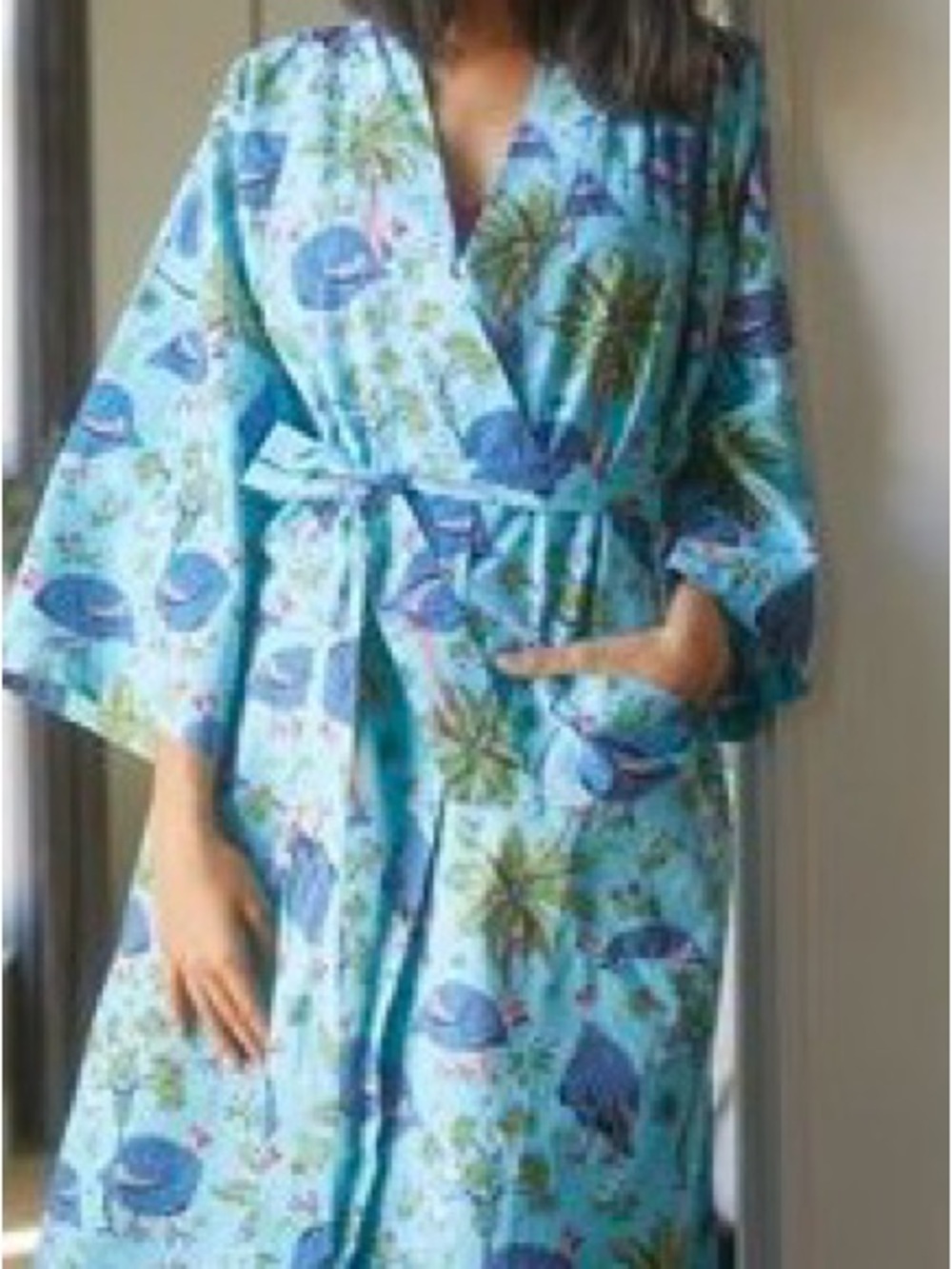 Anthropologie Aqua & Blue Shell-Print Wrap Robe
